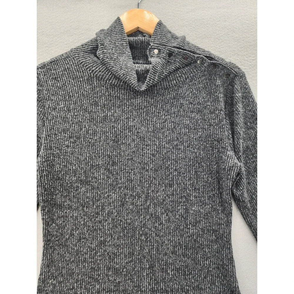 Maison Jules‎ Gray Ribbed Funnel Neck Snap Button Sweater Women Med Long Sleeve